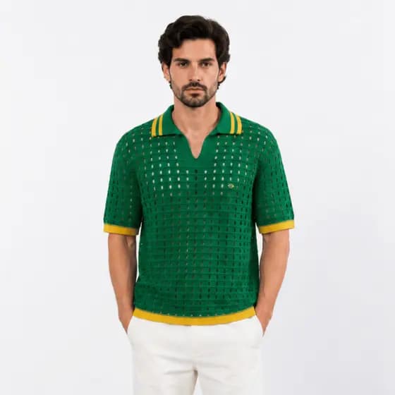 Camisa Polo Masculina Tricô Vazado Brasil Retrô Premium Conforto Leve Estilo Moderno Respirável