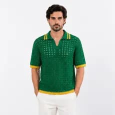 Camisa Polo Masculina Tricô Vazado Brasil Retrô Premium Conforto Leve Estilo Moderno Respirável