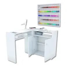 Mesa Para Manicure Em L Portas Bancada Profissional + Prateleira Suporte Nicho Expositor De Esmaltes