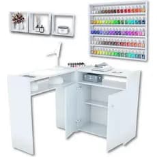 Mesa Para Manicure Em L Com Armário Nail Design Profissional + Expositor Suporte De Esmaltes + Nicho