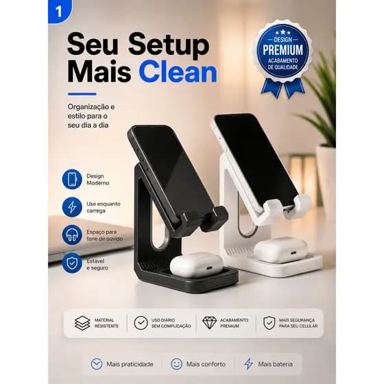 Suporte Para Celular Universal Mesa Base Porta Fone Carregamento Vertical Preto e Branco