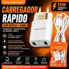 Carregador Rápido 15W USB Duplo H'Maston LR17-3 + Cabo Tipo C Bivolt