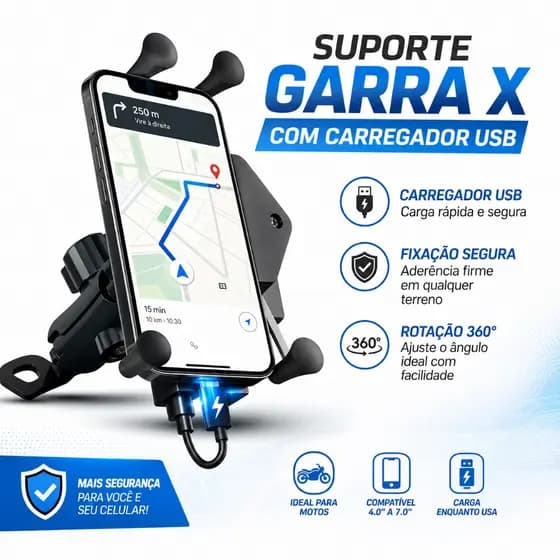 Suporte Celular Moto Garra X com USB Universal 360° para Guidão Retrovisor GPS