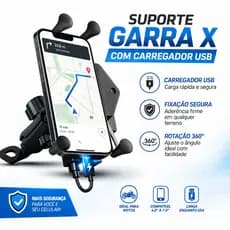Suporte Celular Moto Garra X com USB Universal 360° para Guidão Retrovisor GPS