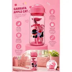 Garrafa Infantil Apple Cat Com Canudo e Alça 340 ml Rosa BPA Free Escolar Pronta Entrega Brasil Kids