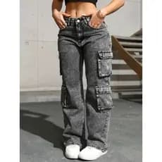 Calça  cargo Wide Leg Jeans 4 bolsas Feminina Marmorizada CARGO grafite Cintura Alta Sem Lycra