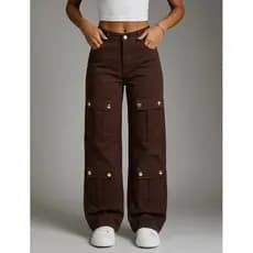 Calça Cargo Feminina Wide Leg Cintura Alta Marrom Com  4 Bolsos Frontais