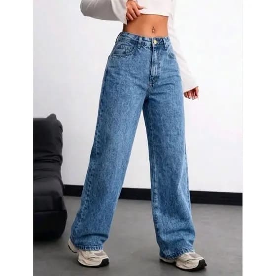 Calça Wide Leg Jeans Feminina Cintura Alta 100% Algodão Premium Pantalona - Marmorizada