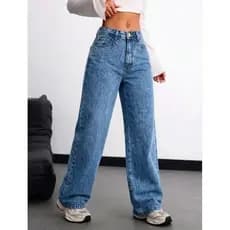 Calça Wide Leg Jeans Feminina Cintura Alta 100% Algodão Premium Pantalona - Marmorizada