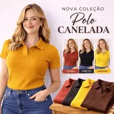 Blusa Polo Feminina Ribana Canelada Fina Manga Curta Ajustada Confortável Casual Elegante P M G