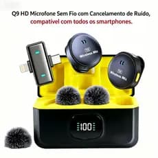 Q9 Microfone Sem Fio com Receptor TypeC/Lightning Mini e Gravação com Pelo Anti-Vento Profissional  Transmissão ao Vivo