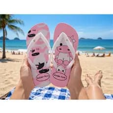 Chinelo Feminino Golden Gate Vaquinha Rosa e Branco Confortável Fofo e Leve Sandália Estampada