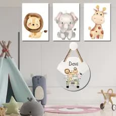 Kit 3 Placas Quadros Decorativas MDF - Safari - Leão - Infantil + Mandala Porta Nome Personalizado