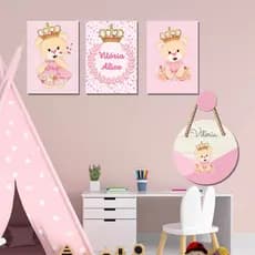 Kit 3 Placas Decorativas Quadros Infantil Ursa Princesa + Mandala de Porta Quarto Nome Personalizado