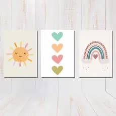 Kit 3 Quadros Decorativos Placas Infantil Arco Íris Sol Menina Quarto