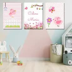 kit 3 Quadros Decorativos Infantil Jardim Quarto Pássaros Flores