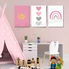 Kit 3 Placas Quadros Infantil Chuva De Amor Arco íris Sol Menina