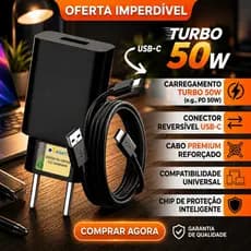 KIT Carregador Universal Fonte e Cabo Turbo Power 50W USB Tipo C Para Celular Android Envio Imediato