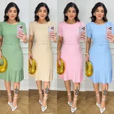VESTIDO MIDI GOLA REDONDA(SAIA ,BARRA PLISADO,DETALHE COM CINTO)