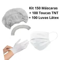 Kit 150 Máscara Tripla Branca+100Touca TNT+100 Luva Látex