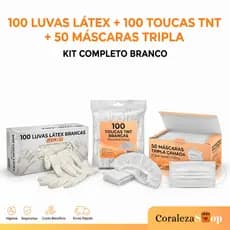 Kit Descartável Branco: 100 Luvas Látex + 100 Toucas TNT + 50 Máscaras Tripla Camada