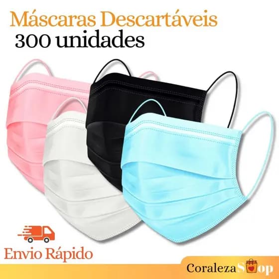 Kit 300 Máscara Descartável Tripla Camada - c/ Clipe Nasal | Diversas Cores