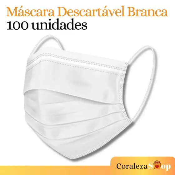 100 Máscara Descartável Branca | Clipe Nasal c/ Tripla Camada