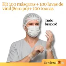 Kit 100 Máscara Tripla Camada + 100 Luva Vinil / Sem pó + 100 Touca TNT | TUDO BRANCO p/ Higiene
