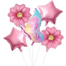 Kit C/ 5 Balões Metalizados Borboleta + Flor + Estrela Festa