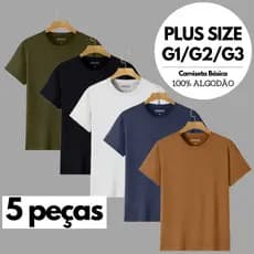 Kit 5 Camiseta PLUS SIZE Básica Camisa Masculina Algodão G1/G2/G3