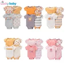 Lucky Baby Kit 4 Bodies Manga Curta Bebê Verão Recém-Nascido Unissex Macio e Confortável 0–9 Meses Estampas Fofas