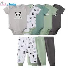 Lucky Baby Conjunto de Body e Calças Bebê 8 Peças Verão Recém-Nascido Unissex Manga Curta Estampa Panda 0–3 Meses Confor