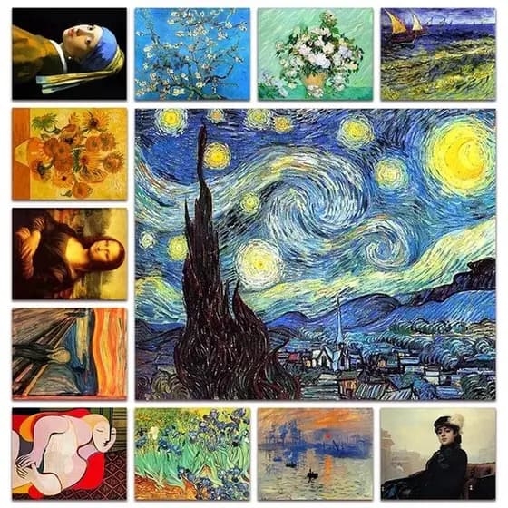 Kit 10 Quadros Decorativos Arte Clássica Vincent van Gogh Leonardo da Vinci Pablo Picasso