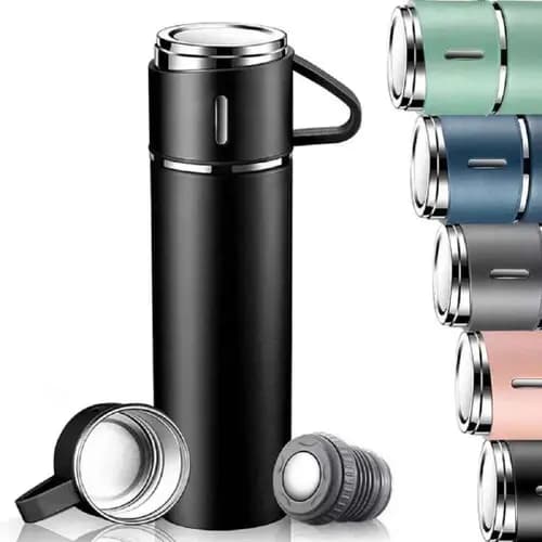 Conjunto Térmico: Garrafa 500ml + 3 Xícaras Inox - Preto