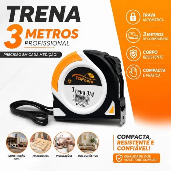 Trena 3 Metros Profissional com Trava Automática Fita Métrica Compacta e Resistente