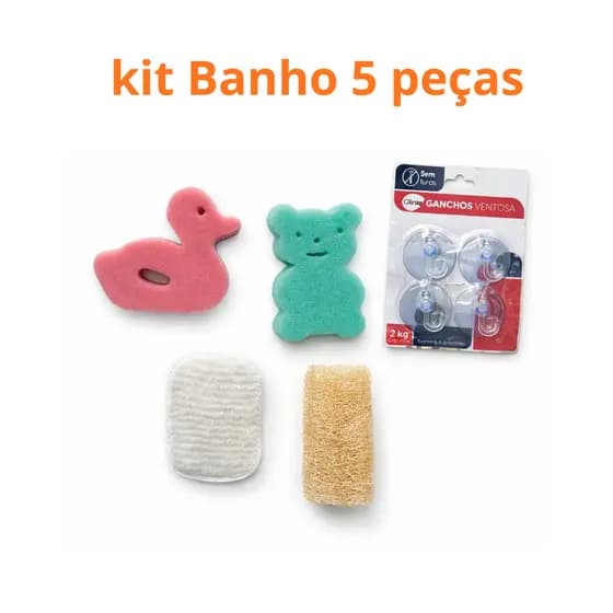 Kit Banho Completo 5 Itens Esponjas + Bucha Vegetal + Ganchos Ventosa Banheiro