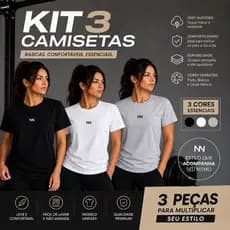 Kit 3 Camisetas Feminina 100% algodão com logo minimalista básica dia a dia academia casual