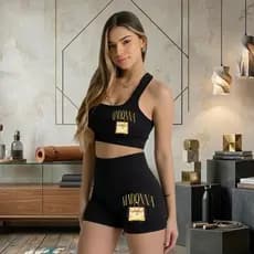 Conjunto Cropped E Shorts Madona Bolsa Feminino Kit Top Sutiã Bermuda Academia Decot Suplex Crossfit
