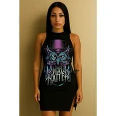 Vestido Feminino Básico e Leve Estampado Coruja de Chapéu Perfeito Canelado Do Tamanho 36 Ao 44