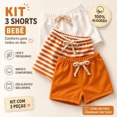 Kit 3 Shorts Bebê Infantil Unissex Com Cós Elástico Confortável em 100% Algodão Macio Dia Dia Leve