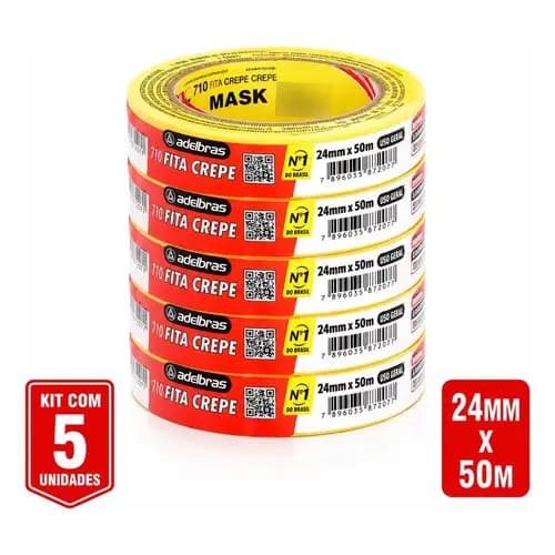 Fita Crepe Adelbras 710 24mm X 50mt - Kit C/5 Rolos Branco