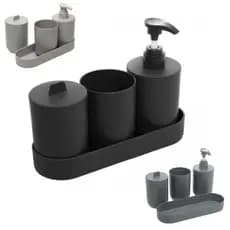 Kit 4 Peças Banheiro Lavabo Preto Organizador de Pia Lyor Porta Sabonete Líquido Escova e Cotonetes