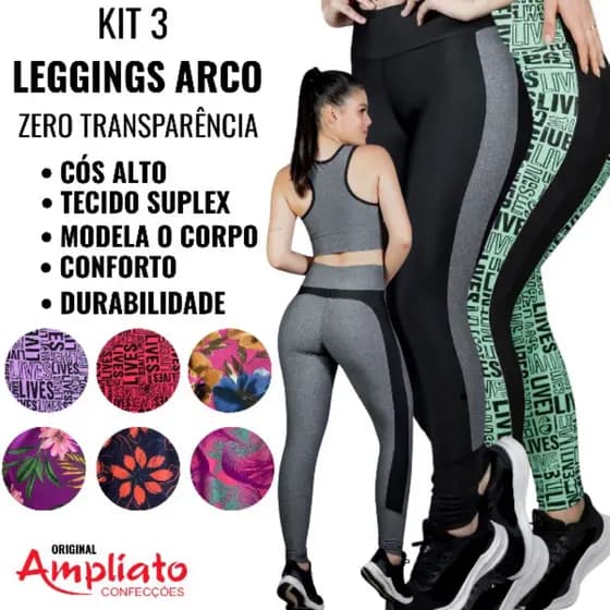 Kit 3 Leggings Feminina Suplex Cintura Alta Não Transparente Academia Fitness Modeladora