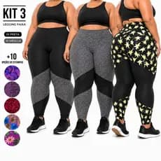 Kit 3 Leggings  Plus Size Feminina Suplex Cós Alto Não Transparente Academia Fitness Alta Compressão
