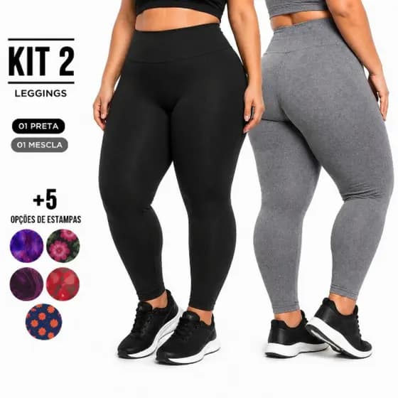 Kit 2 Legging Plus Size Feminina Suplex Cós Alto Não Transparente Academia Fitness Alta Compressão