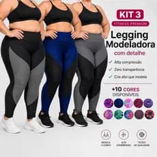 Kit 3 Leggings VIRGÍNIA  Plus Size Feminina Suplex Cós Alto Não Transparente Academia Fitness Alta Compressão