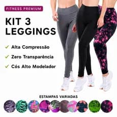 Kit 3 Leggings Feminina Cintura Alta Modeladora Não Transparente Suplex Alta Compressão Academia Fitness Premium
