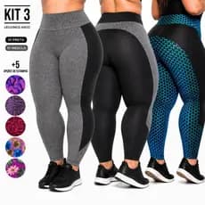 KIT 3 Leggings PLUS SIZE de Arco Suplex Feminina – Não Transparente, Alta Compressão para Treino, Casual ou Pilates