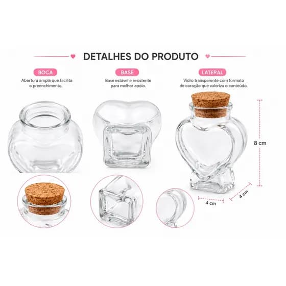 Kit 10 mini Potes de Vidro Coração com Rolha  para Lembrancinhas, Decorações, Temperos e Sais Minerais