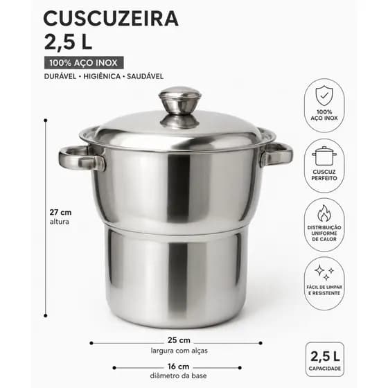 Cuscuzeira 2,5L Aço Inox Útil Bazar para Indução, Gás e Elétrico com Tampa e Alças Reforçadas